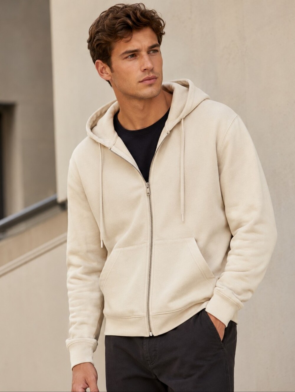 H&M Men’s Beige Full Zip Hoodie Size L NWT Minimalist Lightweight